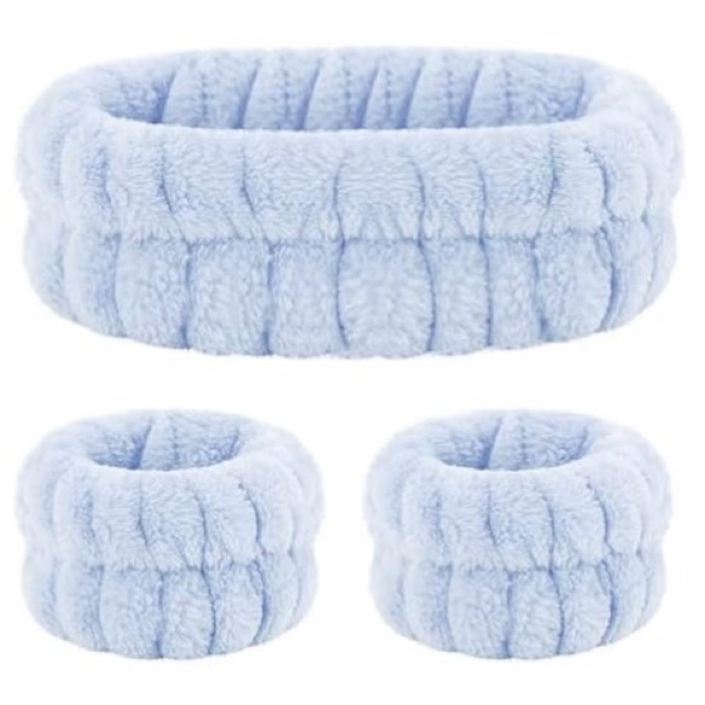 Blue Plush Spa Headband/Wristband Set for Face Washing Makeup, [3-Piece Set] NWT